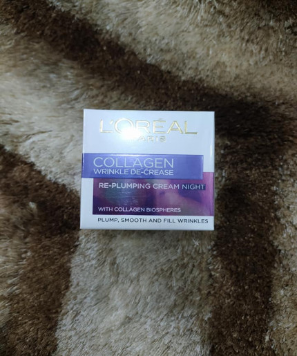 L'Oreal Collagen Wrinkle De-Crease Re-Plumping Night Cream 50ml - Replenishing and Restoring Youthful Skin