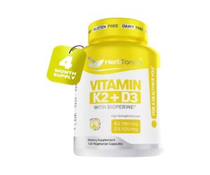 HerbTonics Vitamin K2 + D3 With Bioperine 120 Vegetarian Capsules