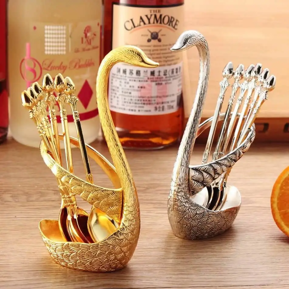 Spoon Set With Swan Stand - Golden and silver