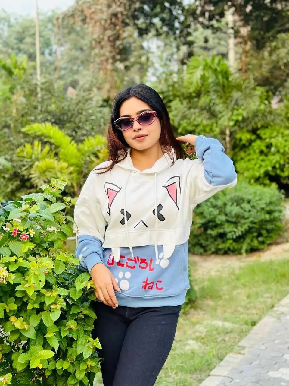 Funny Cat Printed Hoodie (Women's) Sky Blue